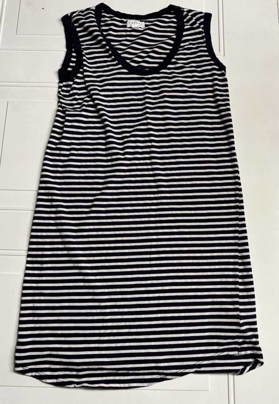 Velvet Graham & Spencer Sleeveless T Shirt Mini Dress Sz S Striped White Blue
